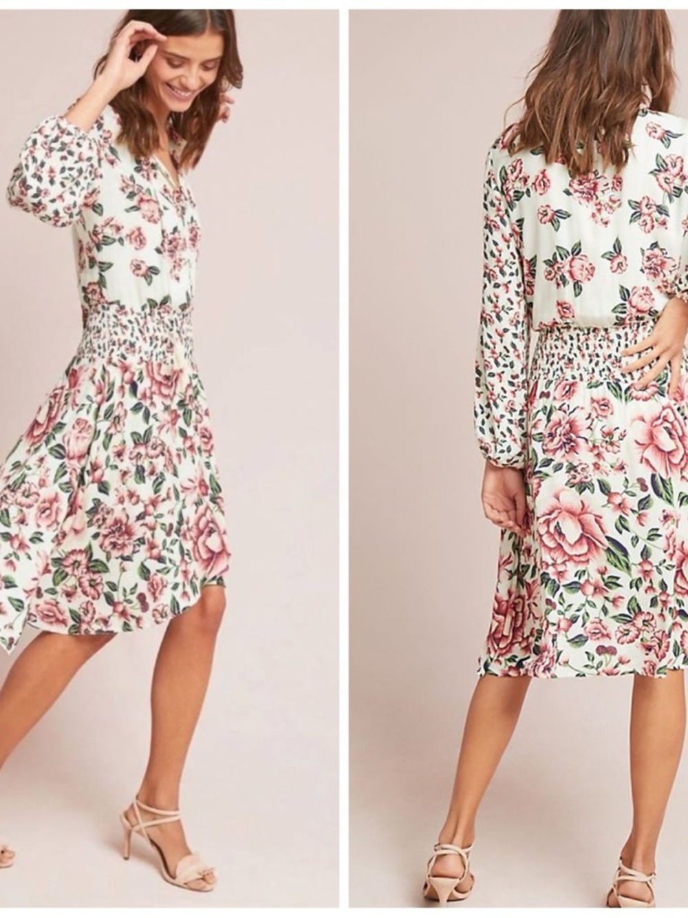 Farm Rio Anthropologie Anabela Floral Dress Cream Pink Tasseled Ruffle XL